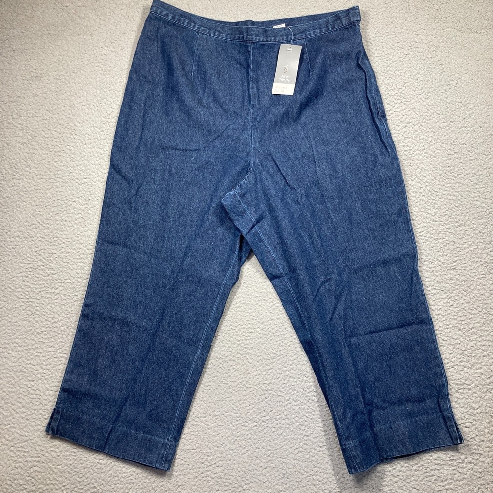 Ann Trinity Cropped Pants Womens 16 Blue Linen Cotton Blend Side Zip Slit Denim